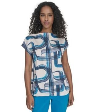 Calvin Klein Women's Petite Printed Cap Sleeve Top in Corsica Blue Multi
